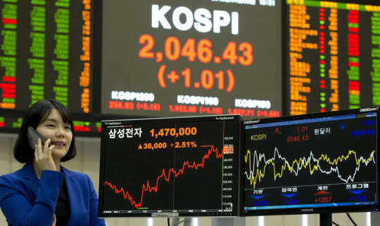 올해 1분기 실적 잠정치 발표를 앞둔 삼성전자 주가가 6일 전일대비 2.51% 오른 147만원으로 장을 마쳤다. 2분기 연속 양호한 실적증가 추세를 이어갈 것이라는 기대감이 반영됐기 때문이라는 평가다. 사진은 이날 서울 여의도 한국거래소 모습.  유동일기자 eddieyou@